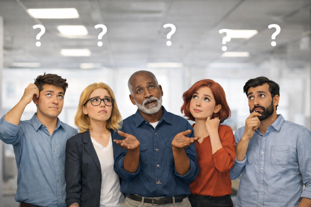 Five people with question marks above their heads